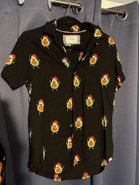 Free Planet Black Short-Sleeve Button-Up Shirt with Festive Avocado Print